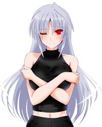  1girl bare_shoulders black_shirt blush breasts closed_mouth engo_(aquawatery) highres large_breasts long_hair looking_at_viewer lyrical_nanoha mahou_shoujo_lyrical_nanoha mahou_shoujo_lyrical_nanoha_a&#039;s midriff navel one_eye_closed red_eyes reinforce shirt simple_background smile solo white_background white_hair 