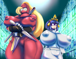  2girls android ass black_hair blonde_hair breasts dual_wielding covered_erect_nipples gauntlets gigantic_breasts hair_over_one_eye headpiece highres holding huge_ass huge_breasts impossible_clothes inverted_nipples kunai kunoichi_(the_ninja_warriors) lips multiple_girls reverse_grip robot short_hair the_ninja_warriors the_ninja_warriors_once_again thick_thighs thighs uirou-zazami weapon yaksha_(the_ninja_warriors)  rating:Questionable score:23 user:Vardigiil