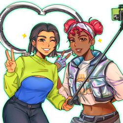  2girls animification apex_legends black_pants blue_shirt breasts brown_hair brown_lips cellphone chinese_commentary cleavage conduit_(apex_legends) cropped_shirt cropped_vest dark-skinned_female dark_skin double_bun earrings fingerless_gloves gloves grey_gloves grey_headband grey_vest hair_behind_ear hair_bun headband highres holding hoop_earrings huo_jiu_jiaotou jewelry lifeline_(apex_legends) medium_breasts multiple_girls one_eye_closed pants parted_lips phone red_hair selfie_stick shirt shirt_tucked_in short_hair shrug_(clothing) smartphone smile sparkle transparent_background vest white_shirt 