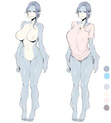 1girl animal_ears barefoot black_panties black_sclera blue_eyes blue_hair blue_skin blush breasts claws color_guide colored_sclera colored_skin commentary_request fins grey_shirt highres inverted_nipples large_breasts looking_at_viewer monster_girl multiple_views nakamura_regura navel nipples original panties parted_bangs parted_lips shirt short_sleeves side-tie_panties simple_background smile standing underwear white_background rating:Questionable score:56 user:danbooru