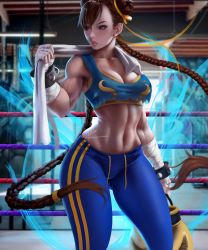 1girl absurdres adapted_costume alternate_hair_length alternate_hairstyle aura biceps blue_pants boxing_gloves boxing_ring braid breasts brown_eyes brown_hair capcom chun-li cleavage clenched_hands commentary cowboy_shot crop_top double_bun english_commentary eyebrows eyelashes gloves unworn_gloves gluteal_fold gym hair_bun hair_ribbon highres hlulani large_breasts lips long_hair low-tied_long_hair midriff muscular muscular_female narrow_waist navel nose pants patreon_username pinup_(style) ribbon signature solo sports_bra standing street_fighter street_fighter_zero_(series) striped studded_bracelet swept_bangs thighs tight_clothes tight_pants toned towel towel_around_neck twin_braids vertical_stripes very_long_hair watermark web_address wrist_wrap yellow_gloves yoga_pants rating:Sensitive score:66 user:danbooru