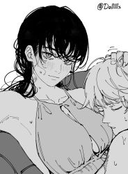  1boy 1girl armpits artist_name black_hair blush breasts chainsaw_man cleavage collarbone denji_(chainsaw_man) dollllls2 hand_on_another&#039;s_head hickey highres implied_after_sex large_breasts long_hair looking_at_viewer mitaka_asa monochrome selfie sleeping smile sweat white_background  rating:Questionable score:107 user:JustHere4Butts