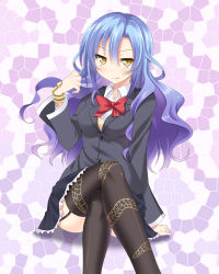 1girl black_thighhighs blue_hair blush bow bracelet breasts crossed_legs female_focus frills garter_straps jewelry licking_lips long_hair looking_at_viewer momoiro_taisen_pairon scales sitting skirt slit_pupils snake solo takashi_no_tatsumi thighhighs tongue tongue_out violetshit wavy_hair yellow_eyes  rating:Questionable score:4 user:SHM222