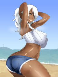 1girl adjusting_hair armpits arms_up beach black_theme breasts covered_erect_nipples curvy dark-skinned_female dark_skin denim denim_shorts enoshima_iki female_focus highres huge_breasts long_hair midriff muscular ocean original outdoors sand short_shorts shorts smell solo thick_thighs thighs water white_hair rating:Questionable score:109 user:thebatman