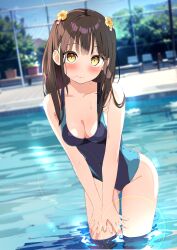  1girl blurry blush brown_hair collarbone commentary competition_swimsuit depth_of_field dutch_angle english_commentary flower gluteal_fold hair_flower hair_in_own_mouth hair_ornament hands_on_own_thighs highres leaning_forward light_reflection_(water) long_hair looking_at_viewer miyuki_(yxbt7) nagisa_(kantoku) one-piece_swimsuit original outdoors pool sidelocks solo standing swimsuit twintails wading water_drop yellow_eyes 