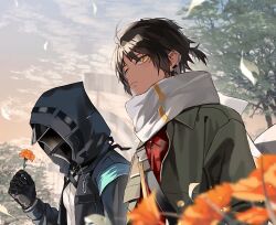  1boy 1other alternate_costume arknights black_gloves black_hair black_jacket blurry blurry_foreground building carnation commentary dark-skinned_male dark_skin doctor_(arknights) earclip flower frown gloves gradient_sky green_jacket highres hishoti_cheese holding holding_flower hood hooded_jacket jacket leaf looking_at_viewer looking_down mask navel orange_flower outdoors red_shirt scarf shirt short_ponytail sky thorns_(arknights) tree upper_body white_scarf white_shirt yellow_eyes 