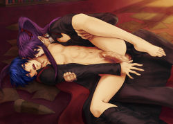  2boys anal barefoot biting blue_eyes blue_hair closed_eyes clothed_sex erection fangs feet forced kaito_(vocaloid) kamui_gakupo long_hair male_focus male_penetrated multiple_boys muscular navel nekomaru_(catsphere) on_ground open_mouth penis ponytail precum purple_hair rape ribbon sex short_hair spread_legs stake tears toes uncensored vampire vocaloid yaoi  rating:Explicit score:87 user:Sutorumie