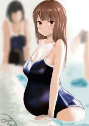  arm_support artist_name blue_one-piece_swimsuit blunt_bangs blurry blush breasts brown_hair competition_school_swimsuit depth_of_field dh-zone light_smile long_hair looking_at_viewer medium_breasts multiple_girls one-piece_swimsuit original pool poolside pregnant school_swimsuit shiny_clothes signature sketch solo_focus swimsuit wading water  rating:Sensitive score:83 user:aaa