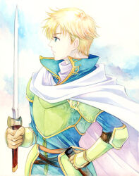  1boy agahari armor blonde_hair breastplate cape fire_emblem fire_emblem:_the_sacred_stones franz_(fire_emblem) green_armor green_eyes hand_on_own_hip holding holding_sword holding_weapon looking_to_the_side nintendo pauldrons shoulder_armor solo sword weapon white_cape 