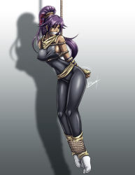  arms_behind_back bdsm bleach bodysuit bondage bound bound_arms breasts dark_skin covered_erect_nipples gag long_hair purple_hair shihouin_yoruichi yellow_eyes  rating:Questionable score:77 user:overdriveteleporter