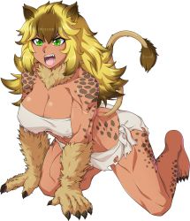 1girl aeode all_fours animal_ears animal_hands animal_print barefoot blonde_hair borrowed_character breasts brown_hair chuunioniika claws cleavage commentary commission dark-skinned_female dark_skin english_commentary full_body fur green_eyes highres large_breasts leopard_print lion_ears lion_tail long_hair messy_hair monster_girl multicolored_hair muscular muscular_female original solo strapless tail thick_thighs thighs transparent_background tube_top two-tone_hair rating:Sensitive score:28 user:danbooru