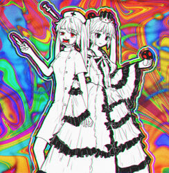  1girl bags_under_eyes bare_shoulders blood blood_from_mouth bow buttons chromatic_aberration commentary crown crying dress dual_persona hat hatsune_miku highres holding holding_mushroom holding_syringe long_hair magical_doctor_(vocaloid) missou_shiro multicolored_background mushroom mushroom_on_head nosebleed nurse nurse_cap object_through_head open_mouth outline red_eyes surreal syringe syringe_in_head teeth twintails upper_teeth_only vocaloid wide_sleeves 