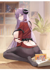  1girl absurdres apron ass azur_lane black-framed_eyewear black_apron black_horns black_pantyhose book bookshelf breast_cutout breasts collared_sweater commentary controller curled_horns figure framed_breasts friedrich_carl_(a_game_of_love)_(azur_lane) friedrich_carl_(azur_lane) from_behind game_cartridge game_controller hair_between_eyes hat highres horns huge_breasts indoors long_hair looking_at_viewer mature_female mole mole_under_mouth official_alternate_costume pantyhose plant potted_plant purple_eyes purple_hair red_sweater semi-rimless_eyewear solo suo_bu_ye_feng sweater witch_hat 