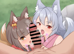  1boy 2girls :3 ^^^ animal_ear_fluff animal_ears bar_censor bell blunt_bangs blush brown_eyes brown_hair censored clothed_female_nude_male commentary_request dougi erection fang ffm_threesome foliage fox_ears fox_girl fox_tail grass grey_hair group_sex hair_bell hair_between_eyes hair_ornament half-closed_eyes heart heavy_breathing highres japanese_clothes jingle_bell kamuro_(mon-musu_quest!) kazami_windy kimono kitsu_(mon-musu_quest!) loli looking_at_viewer mon-musu_quest! multiple_girls multiple_tails nude open_mouth outdoors penis pov red_eyes red_kimono short_hair skin_fang smile sound_effects squeezing_testicles sweatdrop tail teeth testicles threesome tongue tongue_out upper_teeth_only veins veiny_penis 
