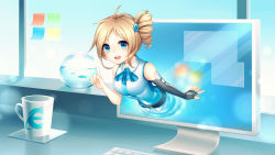 1girl :d aizawa_inori aposekari artist_name ascot bare_shoulders belt black_belt black_gloves blonde_hair blue_eyes blue_sky breasts brown_hair coffee_mug collared_shirt cup curly_hair day drill_hair elbow_gloves fingerless_gloves fish fishbowl frilled_shirt_collar frills gloves hair_ornament hairpin hand_up highres index_finger_raised inori_aizawa internet_explorer keyboard_(computer) logo looking_at_viewer medium_breasts microsoft_windows monitor mug necktie open_mouth os-tan outstretched_hand parted_bangs personification pleated_skirt pricey shirt short_hair single_elbow_glove single_glove skirt sky sleeveless sleeveless_shirt smile solo through_medium through_screen twin_drills wallpaper white_shirt window
