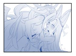  2girls after_kiss animal_ear_fluff animal_ears blue_archive blush commentary_request dress greyscale halo kiss long_hair looking_at_another mika_(blue_archive) monochrome multiple_girls open_mouth saliva saliva_trail seia_(blue_archive) yun_(dust-i1) yuri 