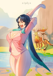  1girl 2others absurdres arms_up artist_name black_hair blue_hair breasts bursting_breasts bymilly cleavage closed_eyes commentary cowboy_shot english_commentary gaping genshin_impact hair_between_eyes highres large_breasts long_hair midriff moon_carver_(genshin_impact) mountain_shaper_(genshin_impact) mt._aocang_(genshin_impact) multiple_others navel open_mouth outdoors pajamas panties pink_pajamas pink_panties pink_shirt shirt solo_focus standing stomach stretching thick_thighs thighs underwear wide-eyed xianyun_(genshin_impact) yawning 