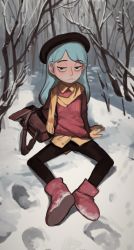  1girl bag blue_hair boots freckles frown hat highres hilda hilda_(hilda) long_hair looking_at_viewer mossacannibalis outdoors scarf sitting snow solo  rating:General score:108 user:Xalrun