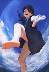  1girl absurdres barefoot black_dress black_eyes black_hair blue_sky chainsaw_man cloud commentary disgust dress feet foot_out_of_frame fourth_east_high_school_uniform glaring highres knee_up long_sleeves looking_at_viewer mitaka_asa motion_blur open_mouth school_uniform shirt sky sleeveless sleeveless_dress soles solo standing teeth upper_teeth_only white_shirt yao_liao_wang  rating:Sensitive score:57 user:danbooru