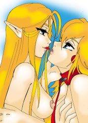 2girls bdsm blonde_hair blue_eyes grabbing_another&#039;s_breast breasts collar earrings eye_contact face-to-face female_focus femdom grabbing jewelry kiss leash long_hair looking_at_another mario_(series) multiple_girls nintendo nipples nude princess_peach princess_zelda super_mario_bros._1 the_legend_of_zelda yuri rating:Questionable score:36 user:Nigs