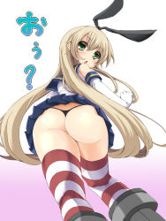 1girl ajikan_(azican) armored_boots ass black_panties blonde_hair blue_skirt blush boots bow from_behind from_below gloves gradient_background green_eyes grey_footwear hair_bow hairband highres huge_ass kantai_collection long_hair looking_at_viewer looking_back looking_down open_mouth panties purple_background red_thighhighs shimakaze_(kancolle) shirt skirt sleeveless sleeveless_shirt standing striped_clothes striped_thighhighs thick_thighs thighhighs thighs thong two-tone_background underwear white_background white_gloves white_shirt white_thighhighs wide_hips