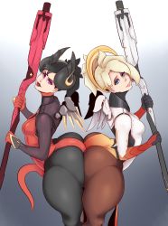  2girls armor ass ass-to-ass black_hair blonde_hair blue_eyes bodysuit breasts curvy dark_persona demon_horns demon_tail devil_mercy dual_persona facial_mark forehead_mark grin halo horns huge_ass leaning leaning_forward lipstick makeup mechanical_halo mechanical_wings mercy_(overwatch) multiple_girls overwatch pantyhose ponytail purple_eyes red_lips shiny_clothes sideboob smile staff sunnysundown tail thick_thighs thighs wide_hips wings  rating:Questionable score:75 user:armorcrystal