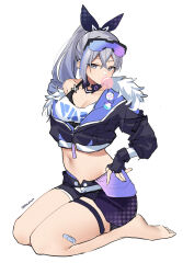  1girl absurdres bandeau bare_legs barefoot black_gloves black_jacket black_shorts blowing_bubbles bra_strap breasts cleavage crop_top cropped_jacket eyewear_on_head fingerless_gloves gloves grey_eyes grey_hair highres honkai:_star_rail honkai_(series) jacket long_hair looking_at_viewer medium_breasts midriff navel pinepin ponytail seiza short_shorts shorts sidelocks silver_wolf_(honkai:_star_rail) simple_background sitting solo stomach strapless sunglasses thigh_strap thighs tube_top white_background 