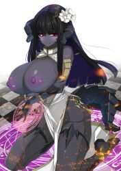  1girl absurdres au_ra warrior_of_light_(ff14) black_hair breasts colored_skin commission dragon_girl dragon_tail dress final_fantasy final_fantasy_xiv highres large_breasts long_hair magic_circle purple_skin red_eyes scales skeb_commission tail white_dress yukito_(dreamrider)  rating:Explicit score:27 user:Parthmakeo