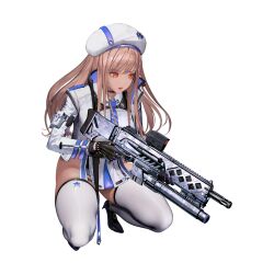  1girl absurdres alternate_skin_color ass back backlighting black_gloves brown_hair clothing_cutout dark-skinned_female dark_skin expressions full_body gloves goddess_of_victory:_nikke gun gun_sling hat highres holding holding_weapon jacket kim_hyung_tae leotard leotard_under_clothes official_art rapi_(nikke) shiny_skin simple_background solo squatting thigh_cutout thighhighs transparent_background uniform weapon white_jacket 