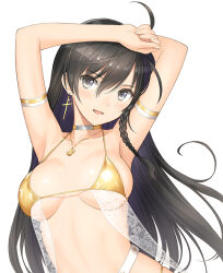  1girl ahoge arm_strap armpits arms_up bikini black_hair blush braid commentary_request cropped cross cross_earrings earrings gold_bikini grey_eyes jewelry long_hair looking_at_viewer necklace open_mouth shining_(series) shining_resonance side_braid solo sonia_branche swimsuit tony_taka upper_body 