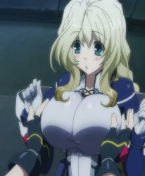 1girl animated animated_gif aqua_eyes bad_aspect_ratio blonde_hair blush grabbing_another&#039;s_breast breasts cleavage gloves grabbing huge_breasts kyoukaisenjou_no_horizon long_hair mary_stuart open_mouth pantyhose tenzou_crossunite rating:Questionable score:113 user:Ez3