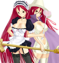  2girls apron black_legwear breasts cape choker cleavage cleavage_cutout clothing_cutout cowboy_shot crayon_shin-chan cross cross_choker cross_necklace garter_straps glasses hat jewelry large_breasts locked_arms long_hair looking_at_viewer maid maid_apron maid_headdress morozou multiple_girls navel_cutout necklace no_bra red_hair serious sexy_misae_x short_sleeves simple_background staff standing thighhighs underboob very_long_hair wand white_background witch_hat 