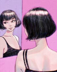  1girl bare_shoulders black_dress black_hair bob_cut breasts close-up collarbone commentary dress eyelashes facing_away from_behind highres ilya_kuvshinov lips looking_to_the_side loose_hair_strand mirror original parted_lips pink_background pink_eyes pink_lips purple_background reflection short_hair sleeveless sleeveless_dress small_breasts 