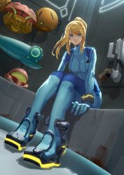  1girl absurdres bennopi blonde_hair blue_bodysuit blue_eyes bodysuit breasts closed_mouth expressionless full_body high_heels highres leaning_forward long_hair looking_at_viewer medium_breasts metroid metroid_prime mixed-language_commentary mole mole_under_mouth nintendo ponytail samus_aran sitting skin_tight solo super_smash_bros. varia_suit zero_suit  rating:Sensitive score:42 user:danbooru