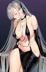  1girl alternate_costume artist_logo asuna_(blue_archive) bare_legs bare_shoulders black_dress black_gloves blonde_hair blue_archive blush breasts cleavage closed_eyes collarbone covered_navel dark_background dress elbow_gloves eyelashes gloves groin hair_behind_ear hair_ribbon halter_dress halterneck hands_on_table highres jewelry large_breasts layered_dress long_hair looking_down necklace no_halo obiwan plunging_neckline profile ribbon see-through see-through_dress_layer side_slit simple_background sitting sitting_on_table sleeveless sleeveless_dress smile solo table thick_thighs thighs very_long_hair weisuoxin wide_hips 