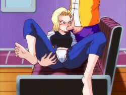  1girl absurdres android_18 angry barefoot blonde_hair blue_eyes blush bob_cut breasts couch dragon_ball dragonball_z embarrassed feet fellatio gmr highres indoors large_breasts legs lying medium_hair muten_roushi oral panties pants penis raglan_sleeves thighs toes uncensored underwear unzipped v-shaped_eyebrows wet wet_clothes wet_panties 