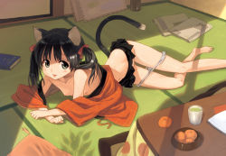 1girl animal_ears barefoot black_hair blush_stickers book cat_ears cat_tail cup easel fang flat_chest food fruit green_eyes japanese_clothes kotatsu legs loli lying navel newspaper nipples off_shoulder on_side original panties panty_pull pillow room shirane_taito skirt solo table tail tatami tea topless twintails underwear window_shadow rating:Questionable score:101 user:danbooru