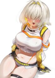  1girl :d ? ahoge belly belly_grab black_gloves blonde_hair blush breasts clothing_cutout crop_top cropped_sweater elegg_(nikke) exposed_pocket gloves goddess_of_victory:_nikke grey_shorts hair_intakes hair_over_eyes highres large_breasts long_bangs long_sleeves looking_at_viewer micro_shorts multicolored_clothes multicolored_gloves multicolored_hair navel open_mouth sha_(shareddelicious) short_hair shorts shoulder_cutout sitting skindentation smile solo spoken_question_mark suspender_shorts suspenders sweat thigh_strap thighs two-tone_hair yellow_gloves 