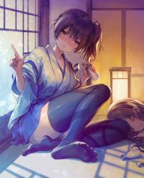  2girls 888myrrh888 akagi_(kancolle) black_thighhighs blue_skirt blush bottle brown_eyes brown_hair choko_(cup) closed_eyes closed_mouth commentary_request cup drunk feet frown head_tilt highres holding indoors japanese_clothes kaga_(kancolle) kantai_collection lamp long_hair long_sleeves multiple_girls no_shoes open_mouth pleated_skirt pointing sake_bottle side_ponytail sitting skirt sleeping smile thighhighs tokkuri wide_sleeves  rating:Sensitive score:12 user:danbooru