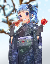  1girl alternate_costume ange_serena bare_tree blue_eyes blue_hair blunt_bangs blurry blush candy_apple drill_hair eating floral_print floral_print_kimono flower food furisode gloves hair_flower hair_ornament high_ponytail highres holding holding_food ikayaki japanese_clothes kimono lace lace_gloves looking_at_viewer mi_be35_(mirin) multiple_girls ponytail short_hair smile snowing solo tales_of_(series) tales_of_innocence tree 