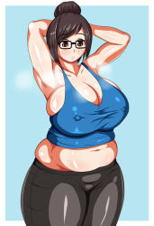  1girl armpits arms_behind_head arms_up belly black-framed_eyewear breasts brown_eyes brown_hair cleavage covered_erect_nipples curvy glasses huge_breasts large_breasts ma_hira mei_(overwatch) midriff navel overwatch overwatch_1 plump shiny_skin short_hair sideboob solo steaming_body sweat thick_thighs thighs wide_hips 