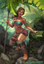 1girl abs amazon_warrior armpits bare_shoulders barefoot blonde_hair breasts cleavage dark-skinned_female dark_skin female_focus highres judash137 jungle large_breasts legs lips long_hair looking_at_viewer muscular nature navel revealing_clothes shiny_skin smile solo tattoo thighs toned weapon rating:Sensitive score:17 user:pimps1678