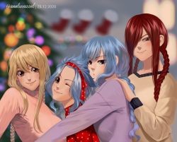 4girls alternate_hairstyle annlu_vazzel blonde_hair blue_hair blurry blurry_background braid brown_eyes brown_sweater christmas_ornaments christmas_tree closed_mouth depth_of_field earrings erza_scarlet fairy_tail hair_over_one_eye hairband highres indoors jewelry levy_mcgarden long_hair lucy_heartfilia multiple_girls one_eye_closed pout red_hairband red_sweater smile sweater twin_braids upper_body wendy_marvell  rating:Sensitive score:19 user:danbooru