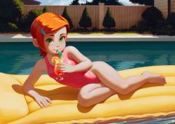 1girl alkemanubis barefoot ben_10 cartoon_network child cloud cup drinking drinking_glass drinking_straw feet fence flat_chest full_body green_eyes gwen_tennyson hair_ornament hairclip highres inflatable_raft loli looking_at_viewer one-piece_swimsuit orange_hair outdoors pink_one-piece_swimsuit pool short_hair sky solo swept_bangs swimsuit water wooden_fence rating:Sensitive score:912 user:dmysta3000