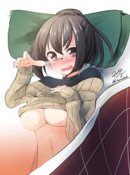 10s 1girl bad_id bad_pixiv_id bespectacled blush breasts brown_hair embarrassed glasses ise_(kancolle) kantai_collection large_breasts long_hair nekobaka open_mouth pillow red_eyes short_hair solo sweater underboob rating:Questionable score:9 user:danbooru