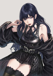  1girl absurdres ascot bare_shoulders belt black_ascot black_choker black_dress black_hair black_thighhighs blue_eyes brown_background buttons center_frills choker collarbone commentary cowboy_shot dress expressionless final_fantasy final_fantasy_xiv fishnet_thighhighs fishnets frilled_dress frills from_above gaia_(ff14) hand_in_own_hair hand_up highres hyur lace-trimmed_choker lace_trim long_hair looking_at_viewer makimura_shunsuke nail_polish off_shoulder red_lips red_nails simple_background sitting solo thighhighs wavy_hair wide_sleeves 