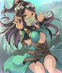  1girl :d bare_shoulders black_hair breasts detached_collar detached_sleeves double_v earrings jewelry long_hair looking_at_viewer medium_breasts omaesan_(camp-192) open_mouth paladins parted_bangs pointy_ears ponytail smile solo tiara underboob v veil yellow_eyes ying_(paladins)  rating:Sensitive score:70 user:Rakdan7656u558