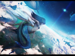 1girl bad_id bad_pixiv_id blue_hair chitose_rin cloud dolphin dutch_angle faceless fins fish flying hammerhead_shark horizon landscape lens_flare letterboxed mermaid monster_girl original panorama rel scenery shark sky solo space star_(sky) star_(symbol) starry_sky surreal whale rating:Sensitive score:34 user:danbooru