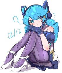 1girl ? absurdres black_bow bow dated detached_sleeves dress drill_hair green_eyes green_hair grey_dress gwen_(league_of_legends) hair_bow hair_ornament high_heels highres knees_up league_of_legends long_hair monakan_japan pantyhose purple_dress purple_pantyhose shoes solo twin_drills twintails white_footwear rating:Sensitive score:7 user:danbooru