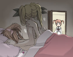 3girls :o back bed bed_sheet blonde_hair bow breath brown_hair cheating_(relationship) dark doorway elf_(stroll_in_the_woods) empty_eyes fate_testarossa flat_chest from_side girl_on_top grey_eyes hair_bow hair_ribbon hand_on_another&#039;s_shoulder heavy_breathing hmx99_elf indoors jewelry unworn_jewelry loli long_hair low_twintails luciferion lying lyrical_nanoha mahou_shoujo_lyrical_nanoha mahou_shoujo_lyrical_nanoha_a&#039;s mahou_shoujo_lyrical_nanoha_a&#039;s_portable:_the_battle_of_aces stern_the_destructor meme multiple_girls naked_sheet necklace unworn_necklace nude on_back on_stomach orange_hair pillow precure_netorare_(meme) profile ribbon school_uniform serafuku sex short_hair short_twintails sidelocks surprised sweat takamachi_nanoha turtleneck twintails under_covers walk-in wide-eyed yuri rating:Explicit score:115 user:danbooru